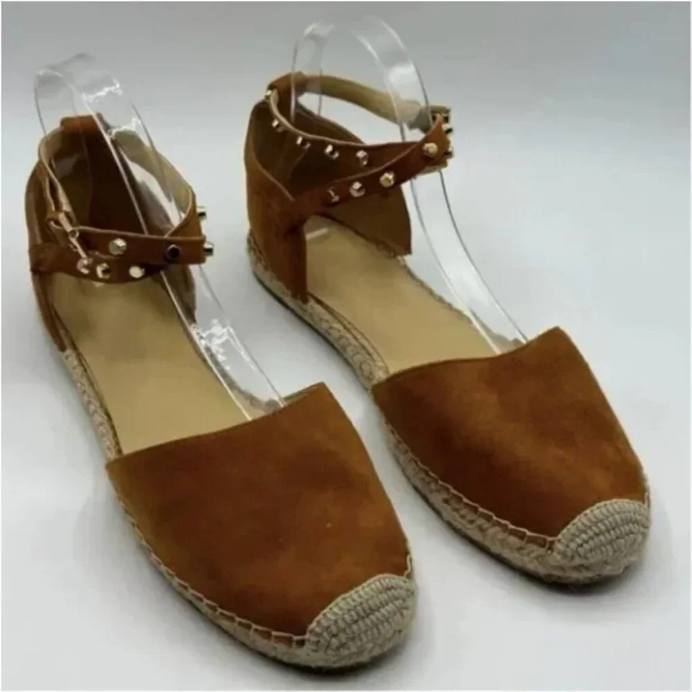 Marc Fisher Maci Stud Ballerina Espadrilles Ankle Strap Flats Brown Suede 9.5